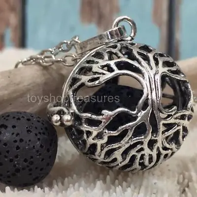 Tree Of Life Aromatherapy Diffuser Necklace Essential Oil Locket Black Lava Rock • $21.95