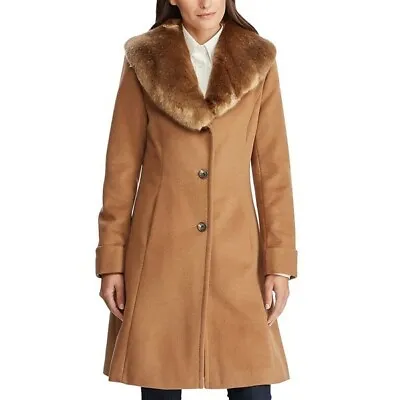 Lauren Ralph Lauren Ladies Faux-Fur-Collar Walker Coat Vicuna Brown 14 NWT • $172.88