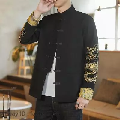 Mens Chinese Style Embroidery Cotton Stand Collar Frog Button Coat Jacket Retro- • $35.99