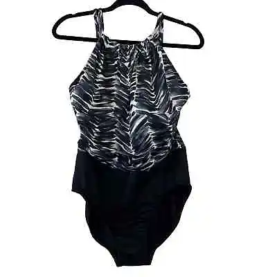 Magicsuit One Piece Swimsuit Womens 14 Underwire Scrunch Neck Black White Print • $65.97