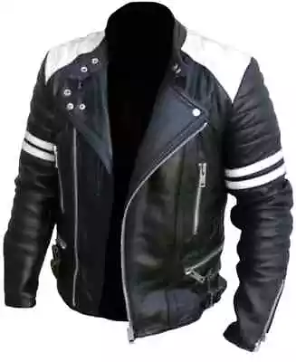 Men's Classic Black And White Vintage Brando Genuine Leather Motorcycle Jacket • $93.17