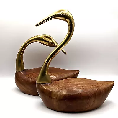 Brass And Wood Egret Swan Crane Figurines Set Of 2 • $36.95