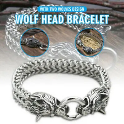 £8.59 • Buy Men's Stainless Steel Viking Wolf Fenrir Head Wolves Head Bracelet Bangle UK