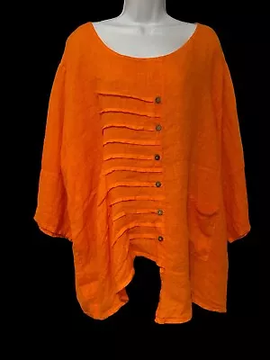 GLOSSY Made In Italy Lagenlook Arty Orange 100% Linen Top OSFA Worn Once Exc • £11.50