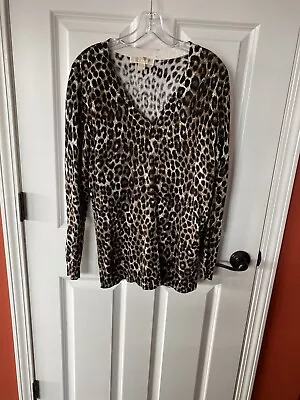 Michael Kors Sweater Medium M Cheetah Animal Long Slv V Neck Slits  Pullover • $14.99