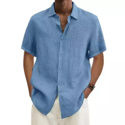 Mens Short Sleeve Linen Shirt Casual Baggy Button-up Solid Formal Tops T Shirt • $18.59