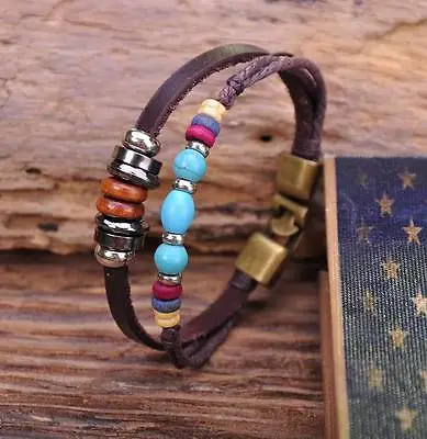 G63 Bronze Surfer Hemp Leather Wood Stone Beads Bangle Bracelet Cuff Turquoise • £3.54