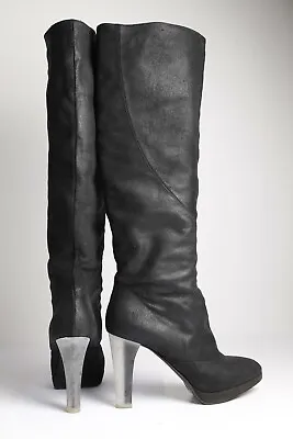 NINA RICCI Black Leather Knee High Platform Boots Size 40 • $139.99