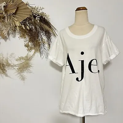 Aje Woman’s T Shirt White Logo Beaded Embellished Boxy Size S Designer Basic • $80