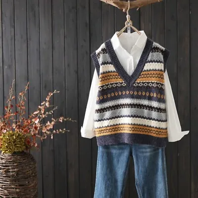 Women's Knitted Vest Tank Top Sweater Waistcoat Sleeveless V-neck Striped Nylon • £17.99