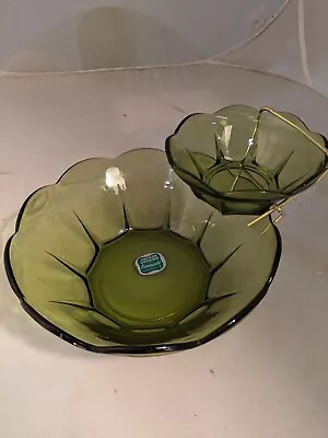 Vintage Anchor Hocking Swedish Modern Avocado Green Chip & Dip Set EUC • $20