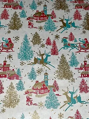 Vtg Christmas Wrapping Paper Gift Wrap Reindeer Sleigh Tree Teal Red Gold • $9.71