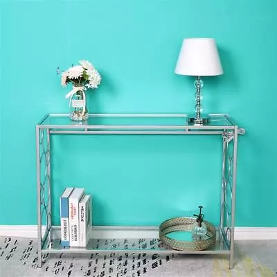 2 Tiers Console Table Modern Glass Chrome Sofa Table For EntrywayLiving Room • $112.89