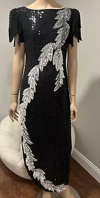 Alyce Designs Vintage Silk Black Sequin Beaded Formal Evening Dress Sz 10 • $126.65