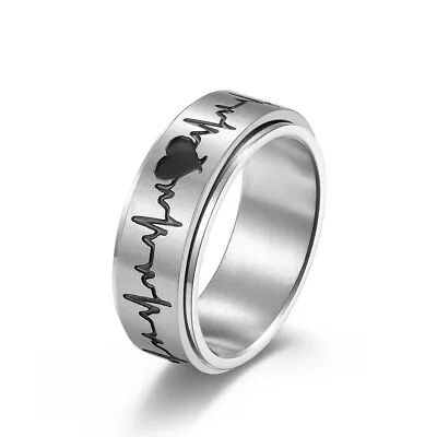 Heartbeat ECG Rotating Rings Heart Titanium Steel Mood Couples Wedding Jewelry • $1.63