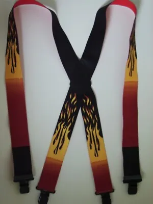 Men's Suspenders - X Style 1-1/2 -2  Flames With Clips Loop Snaps USA Made • $19.66