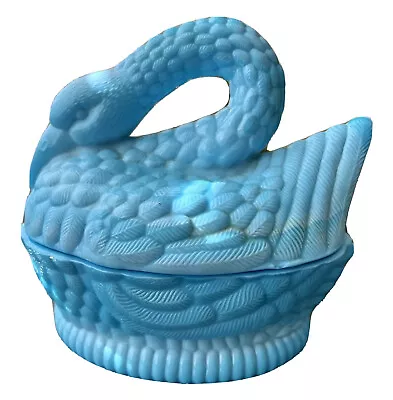 Vintage L. G. Wright Blue Glass Milk Glass Slag Swan Covered Candy Dish W/ Lid • $44