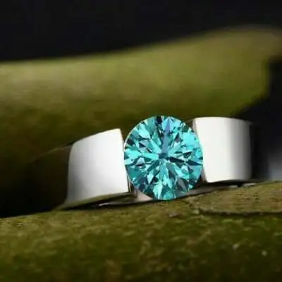 18k White Gold Fn 3ct Round Blue Moissanite Diamond Tension Men's Wedding Ring • $316.89