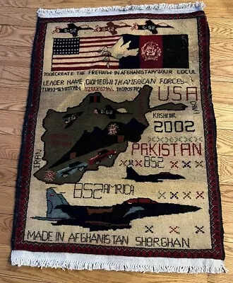 Hand Knotted Afghan War Tank AK 47 Pictorial Balouch Wool Rug 2002 Peace Dove • $49