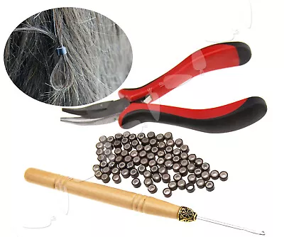 Hair Extension Kit 100pc Micro Silicones Beads Metal Pliers And Pull Hook • £10.57