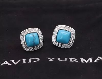 David Yurman Sterling Silver 7mm Albion Stud Earrings Turquoise With Diamonds • $134.95