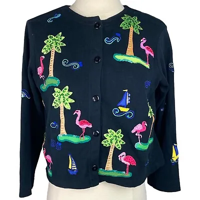Michael Simon Black Flamingo Palm Tree Button Up Sweater & Tank Top Set Size P/P • $25