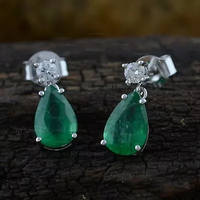 18K Solid White Gold Natural Diamond Zambian Emerald Minimalist Stud Earrings • $1419.55