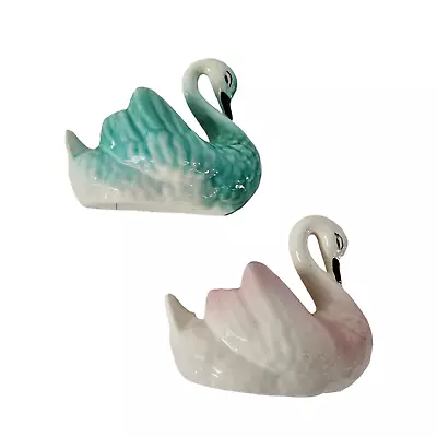 Mid Century Pair Of Swan Wall Pockets Wall Hangings Planters Pink Green Ceramic • $69