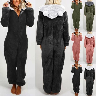 $52.88 • Buy Womens Hooded Fleece Dressing Gown Fluffy / 1Onesie Jumpsuit Lounge Bathrobe