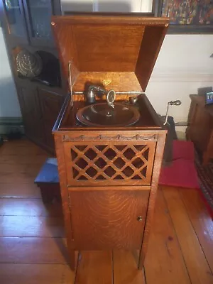 Antique 1918? Golden Oak Pathe Phonograph Model VII 78 Record Player & 3 Records • $549.95