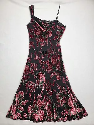 VINTAGE Betsey Johnson Dress Womens S Red Pink Floral Velvet Black Silk Beading • $99.95