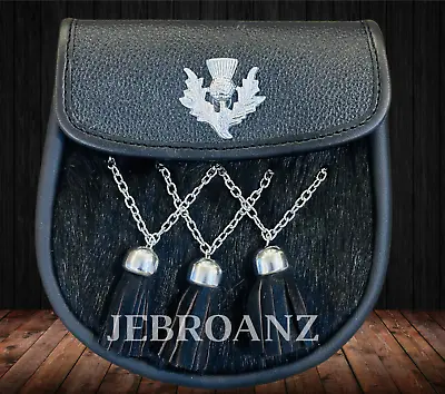 New Scottish Leather Kilt Sporran Black Rabbit Fur - Free Leather Belt Chain • $18.99