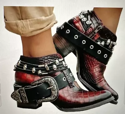 Freebird By Steven Saloon Ankle Boots Women Sz.7 Embossed Red Leather Buckle Zip • $175