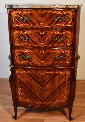 1900s Antique French Louis XV Walnut & Satinwood Inlay Marble Top Chest Dresser • $2300