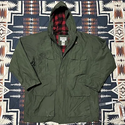 LL Bean Jacket Mens 2XL Green Insulated Wool Flannel Lined Hooded Full Zip • $35