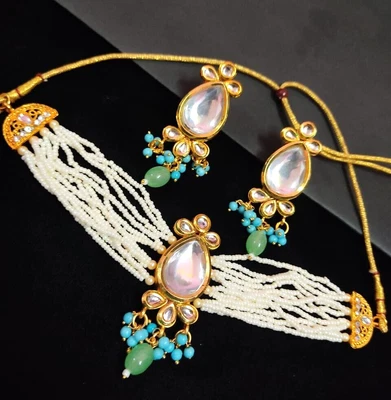 $14.44 • Buy Indian Bollywood Gold Plated Kundan Choker Bridal Necklace Earrings Jewelry Set