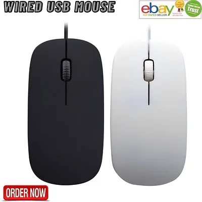 Wired USB Mouse For PC Laptop Computer Optical Scroll Wheel Black FULL SIZE • £5.99
