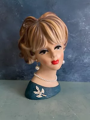 Vintage Lady Head Vase Napco Dark Blonde In Blue 7.5” • $60