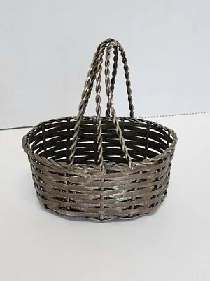 Vintage Mini Silver Tone Metal Mini Small Woven Basket Handle Decore 3.25  Oval • $8
