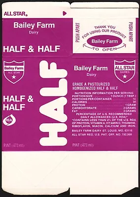 Vintage Box BAILEY FARM DAIRY Half And Half Milk Carton St Louis Missouri Unused • $5.94