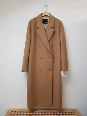 BNWT MASSIMO Dutti Camel Brown Long Double Breasted Wool Coat Size L RPR £350 • £245
