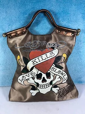 Don Ed Hardy Designs Love Kills Slowly Heart Skull Gold Copper Handle Tote Bag • $22.99