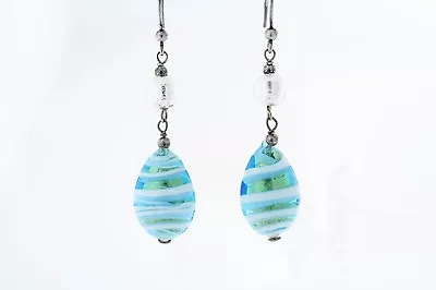 Sterling Silver White Blue & Green Murano Italian Glass Dangle Earrings  • $19