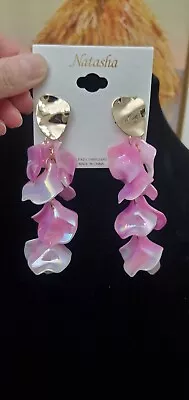 Natasha Art Nouveau Pink Iridescent SHEEN Chandelier Stud Earrings X Long  • $39