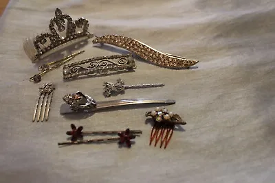 Vintage Lot Hair Barrette Combs Clip Metal Rhinestones Plastic Crown • $20