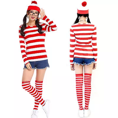 Book Week Wheres Wally Women T-shirt Glasses Hat Socks Costume Cosplay Christmas • $11.89