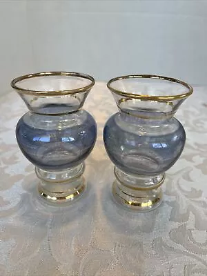 Two Vases Vintage Pair Beautiful Blue Clear Glass Vases With 5 Gold Rings/Trim • $16