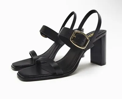 $43.99 • Buy Zara Black Heeled Sandals US Size 8 Squared Toe Straps Buckle Detail Womens New