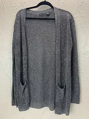 Moda International Cardigan Sweater Metallic Open Front Black Silver Size Large • $16.45