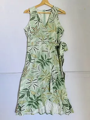 Tokito Linen Blend Size 8 Faux Wrap Floral Green MIDI Sleeveless Party Business • $5